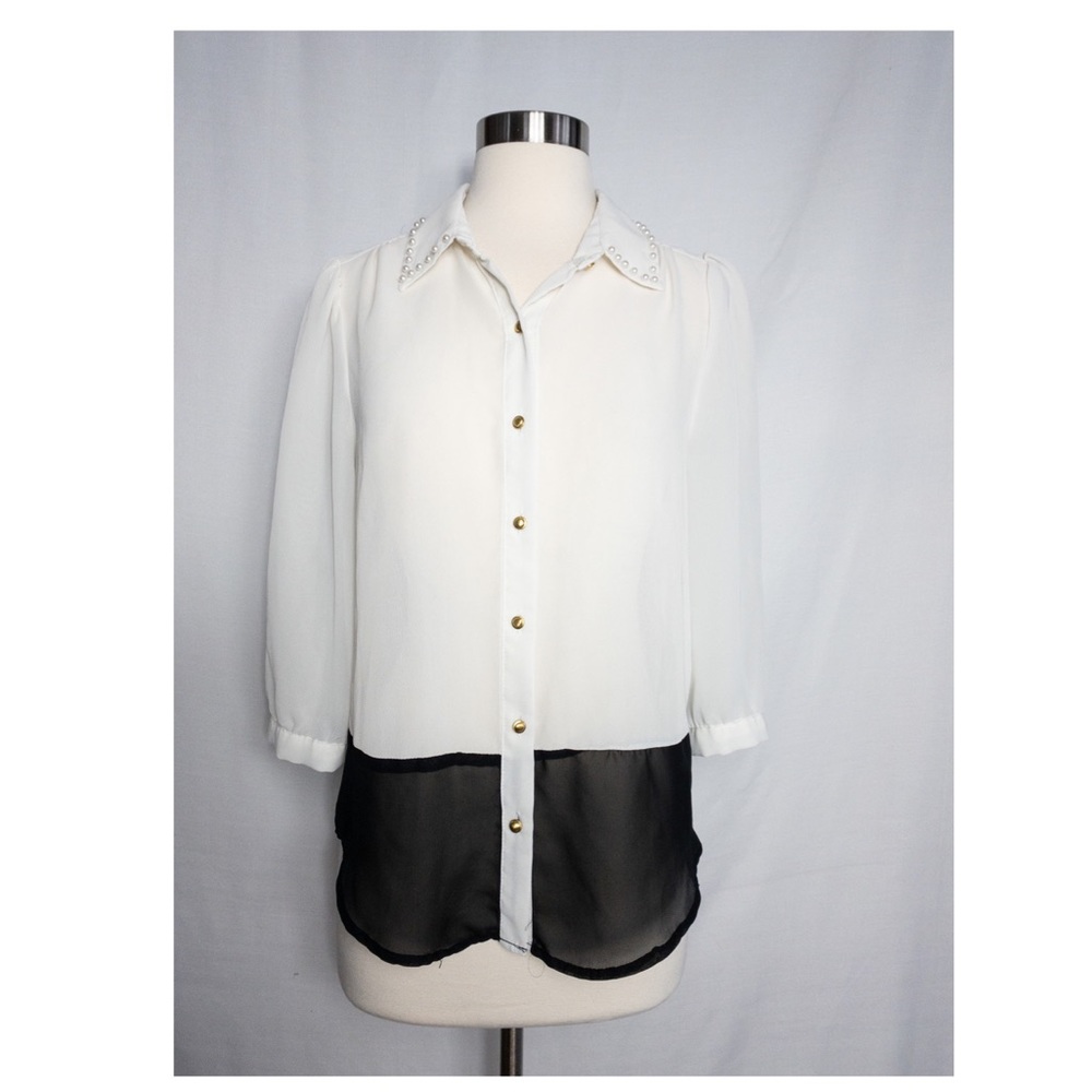 Ali Kris Blouse CHIFFON Sheer Color Block Pearls M